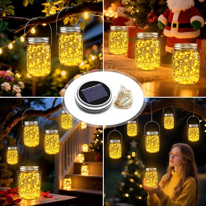 Mason Jar Solar Lights for Outside, 12 Pack 30 LED Fairy Firefly Lights Mason Jar Solar Lids Outdoor Waterproof String Lights with Hangers(NO JARS) for Patio Garden Yard Lawn Decor - Warm White