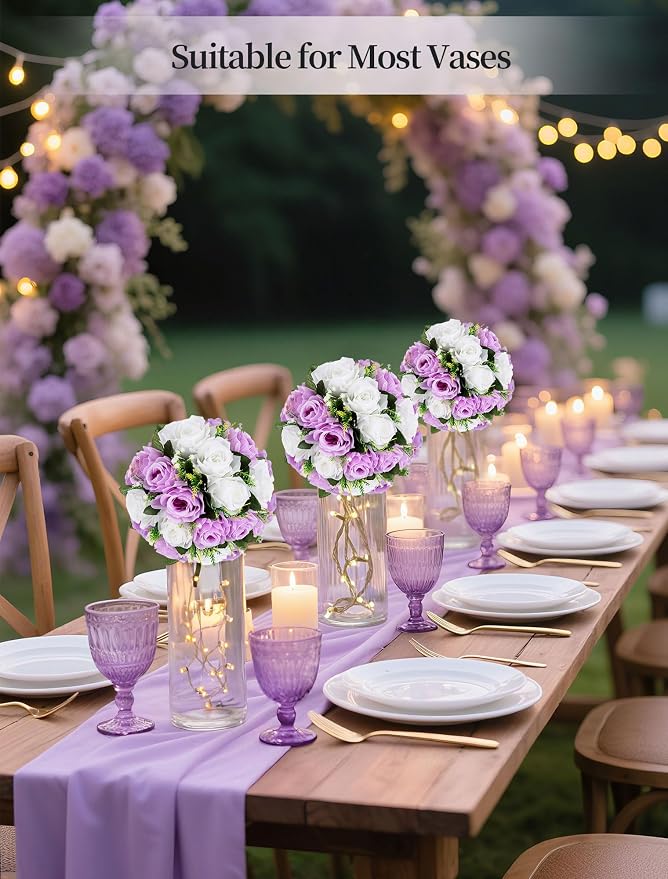BLOSMON Lilac Purple Flowers Artificial: 2 Pcs Fake Roses Flower Balls Centerpiece for Wedding Table Decoration- Artificial Silk Kissing Bouquet Floral Arrangement for Home Party Event Decor | Wedding Table Decoration Floral Arrangement - Faux Silk Kis...