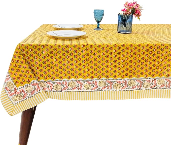 Ridhi Mustard Yellow Hand Block Print Cotton Rectangle Tablecloth 140" x 72" inches Reusable Table Cover Decorative Everyday Use for Dining Room, Farmhouse, Home Gift for Spring, Mother's Day
