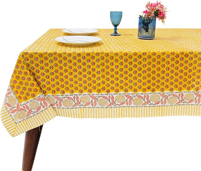 Ridhi Mustard Yellow Hand Block Print Cotton Rectangle Tablecloth 102" x 48" inches Reusable Table Cover Decorative Everyday Use for Dining Room, Farmhouse, Home Gift for Spring, Mother's Day