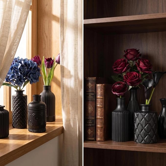 Mini Bud Vases Centerpieces for Tables,Clear Bud Vases for Flowers,Small Flower Vases Suitable for Birthday Party,Anniversary,Wedding Reception,Baby Shower (MattBlack, 12PCS)