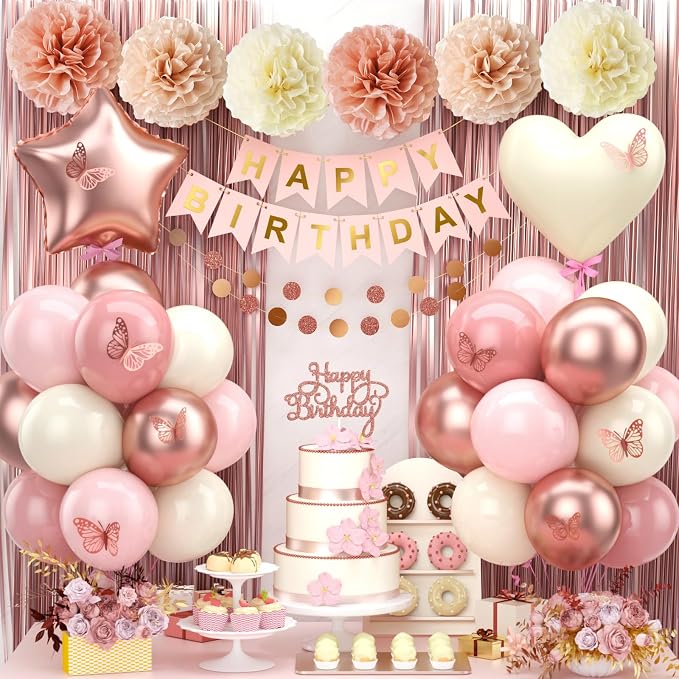 Dusty Pink Birthday Decorations Rose Gold Pink Beige Balloons Happy Birthday Banner Cake Topper Fringe Curtain Paper Pom Poms Butterfly Sticker Blush White Cream Heart Star Foil Party Girls Women