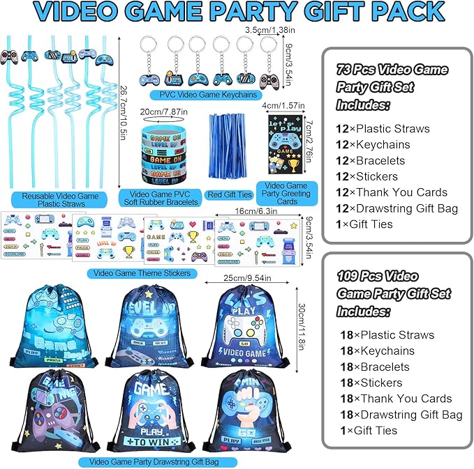 LemonRoad 73 Pcs Video Game Party Favors Set Birthday Supplies Includes Drawstring Bags Keychains Bracelets Stickers Straws Tags for Video Game Theme Party