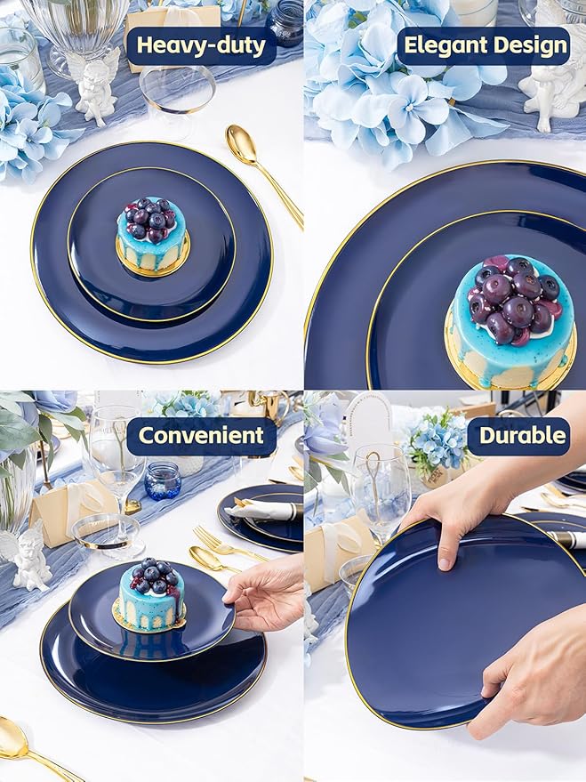 WDF 150pcs Blue plastic Plates - Navy Blue Plates Disposable - 25guest Disposable Dinnerware Sets for Party/Wedding/Birthday/Graduation