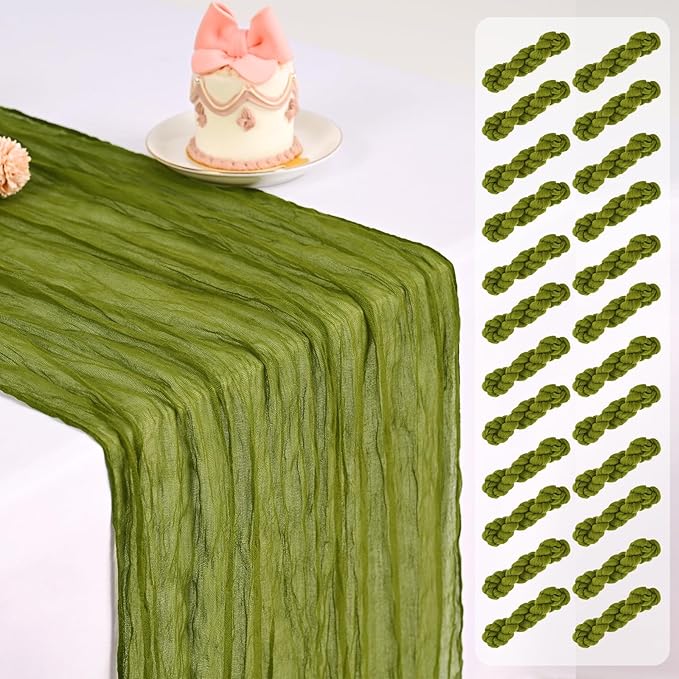 Pesonlook 24 Pack Cheesecloth Table Runner,Olive Green Table Runner Long Romantic Semi Sheer Rustic Boho Gauze Table Runners for Wedding Bridal Shower Birthday Party Decorations(17.7×108 Inch)