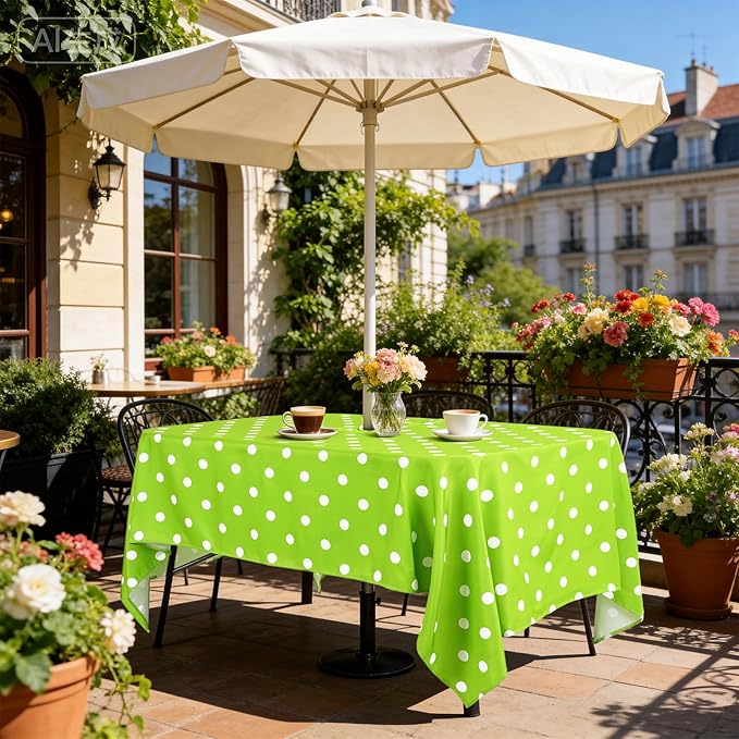 Poise3EHome 60X84 Outdoor Spillproof Rectangle Tablecloth with Umbrella Hole and Zipper for Camping Picnic Party Patio Table Spring, Green Polka Dot