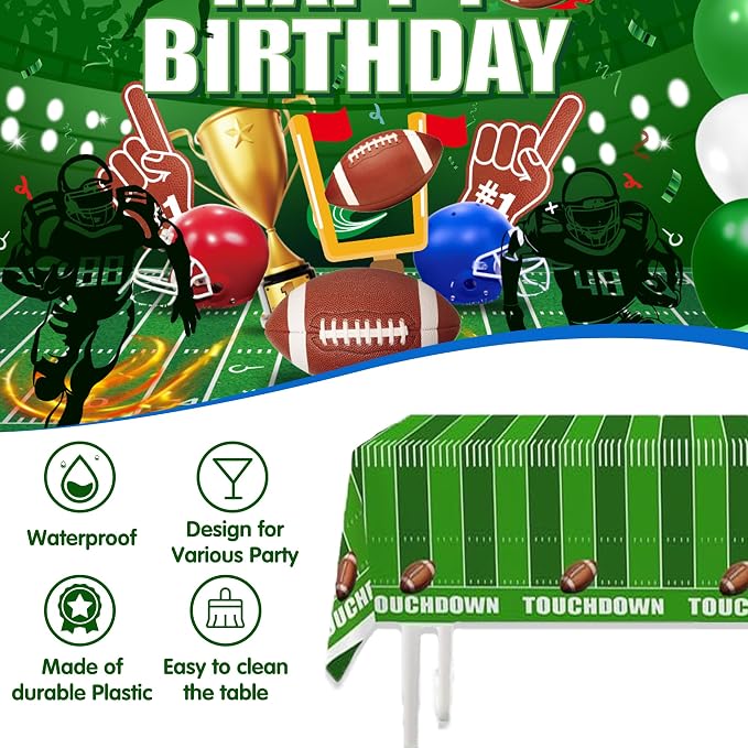 Football Birthday Decorations For Men,Happy Birthday Backdrop,Banner Balloons,Table Cloth,Paper pom poms Party Supplies for Boys