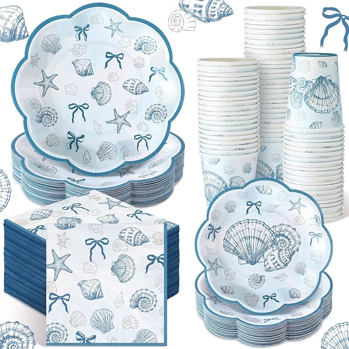Newtay 250 Pcs Seashell Party Decorations Plates and Napkins Beach Theme Disposable Tableware Dinnerware for 50 Guests Blue Bow Seashell Paper Plates Napkins Cups for Bridal Shower Coastal Party