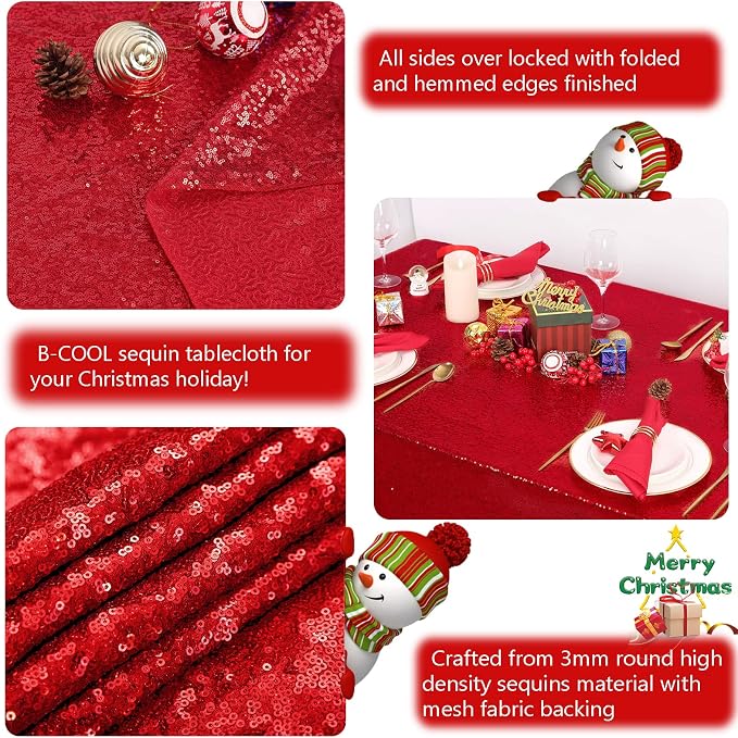 B-COOL Sequin Fabric Tablecloth 50x50inch Red Sequin Table Cloth Square Dinner Party Wedding Tables
