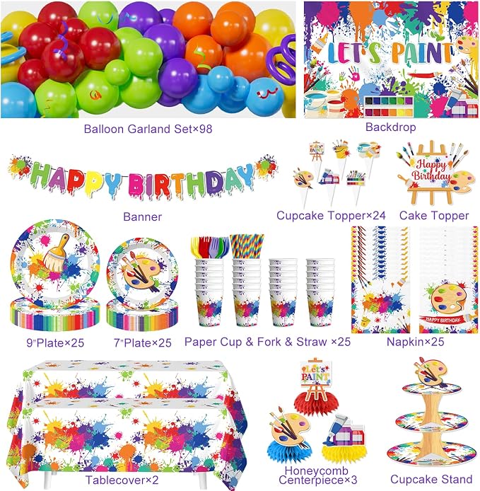 285PCS Paint Party Decorations, All-in-One Art Birthday Party Decorations with Balloon Garland, Backdrop, Tableware, Banner, Tablecovers, Cake Toppers, Serves 25