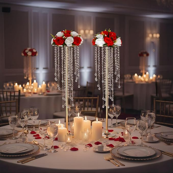 2Pcs 29.5 inches Gold Flower Vases with Chandelier Crystal Wedding Centerpieces for Tables, Gold Metal Flower Stand Arrangement, Bulk Metal Centerpieces Vases for Party Reception Ceremony Decoration