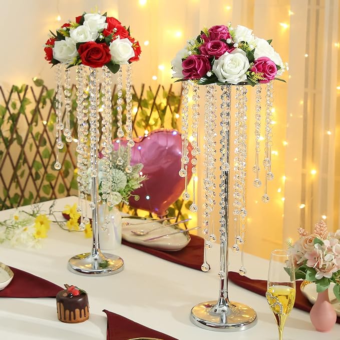 Bigsee 2 Pcs 21.65 inches Crystal Flower Stand Wedding Centerpieces for Tables, Tabletop Gold Metal Flower Arrangement Holder, Bulk Metal Vases for Reception Party Ceremony Decoration