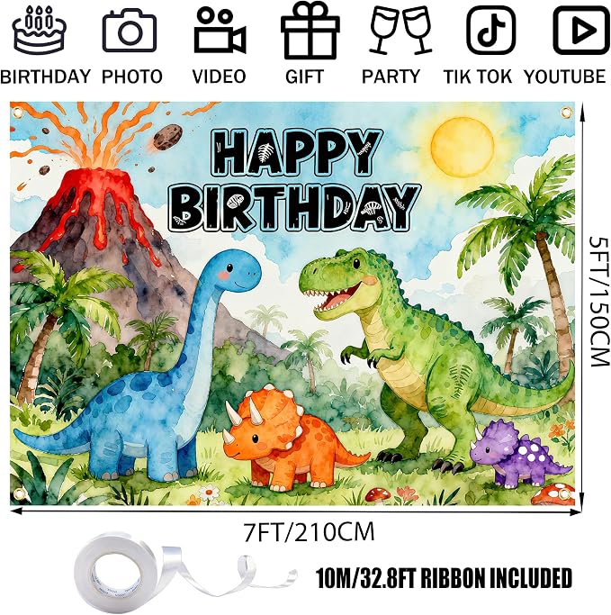 Dinosaur Birthday Backdrop 7x5FT – Happy Birthday Dino Banner with Ribbon & Grommets, Green Jungle Dinosaur Photo Background for Kids Boy Girl Birthday Party Decor