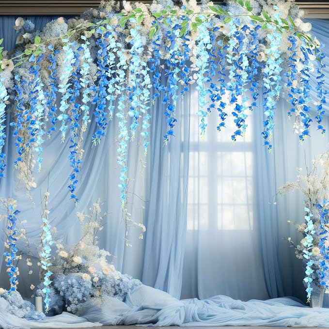 Thiccywoov 12pcs Wisteria Artificial Flowers Garland, 7.2Ft/Piece Wisteria Hanging Flowers Garland for Wedding Arch Decoration Outdoor Ceremony Home Backdrop Garden (Light Blue,Dark Blue)