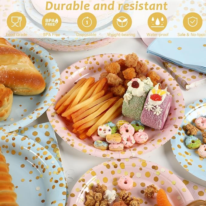 gisgfim 50 Guests Gender Reveal Party Supplies Baby Shower Party Tableware Gender Reveal Plates and Napkins Plastic Forks Boys Girls Blue and Pink Paper Plates for Baby Shower Wedding Birthday 200PCS
