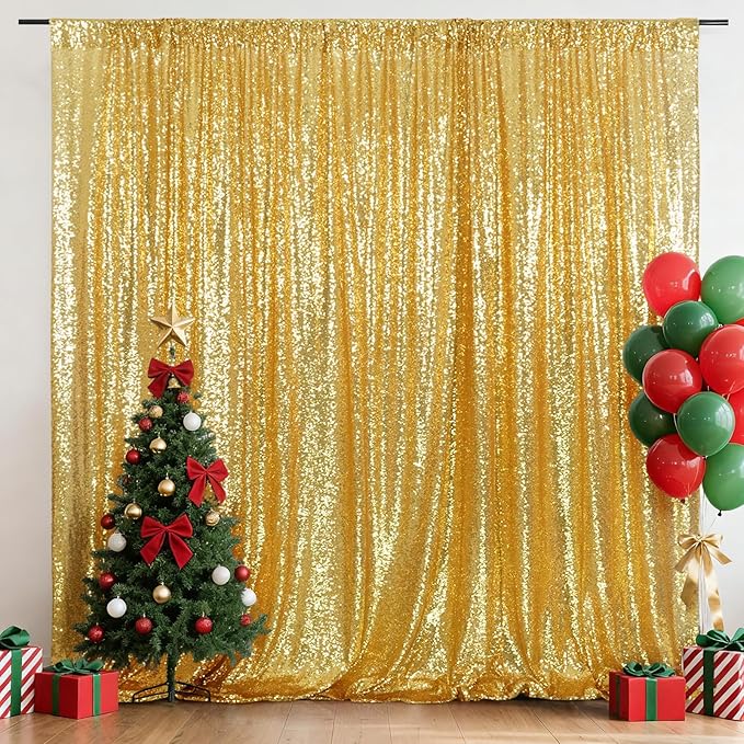 Eternal Beauty Gold Sequin Backdrop, 8x8 Ft Glitter Background Curtains for Mother's Day Shimmer Photography Party Wedding Birthday Back Drop Decor