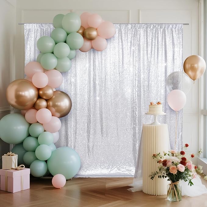 SquarePie 5x7ft Silver Sequin Backdrop for Photography, Satin-Backed Real Sequin Curtain, Enhanced Coverage Shimmering Background with 4" Rod Pocket for Wedding, Birthday, Party Decor, 1 Panel
