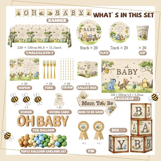 Bear Baby Shower Decorations, Neutral Baby Shower Decorations with Oh Baby Backdrop Banner Plates Napkins Bear Tablecloth Balloon Arch Box for 1st Boy Girl Birthday Party