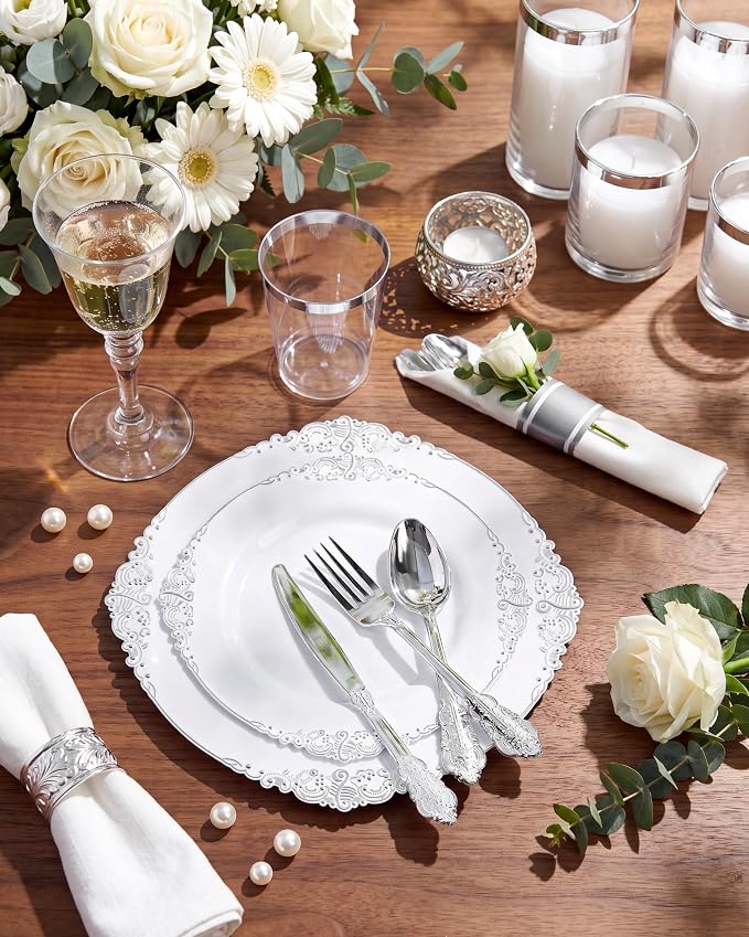 Nervure 350PCS Silver Plastic Plates - Silver Plastic Dinnerware Sets for 50 Guests - 100 Disposable Plates, 150 Silverware, 50 Cups, 50 Napkins for Wedding & Party