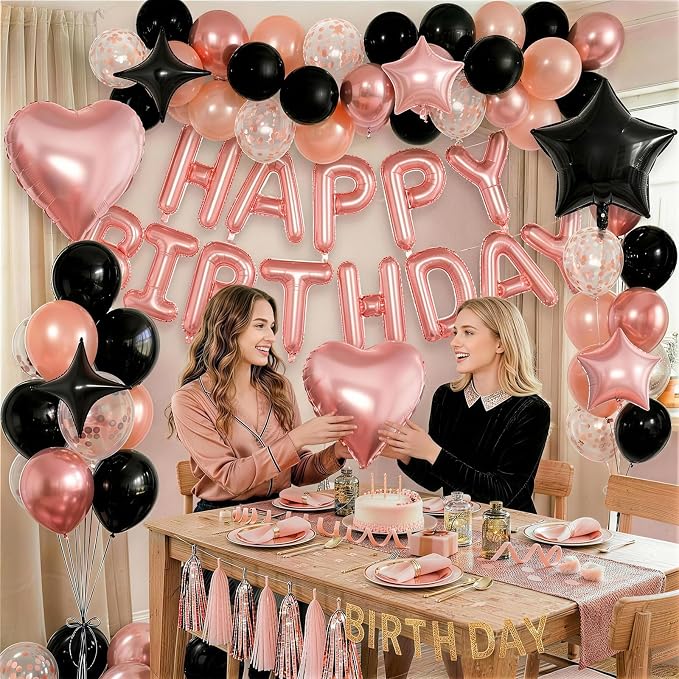 Rose Gold and Black Birthday Decorations for Women Black Pearl Rose Gold Metallic Party Balloons Confetti Balloon Happy Birthday Banner Heart Balloons 18/10 Inch Star Balloon for Bday Party Supplies