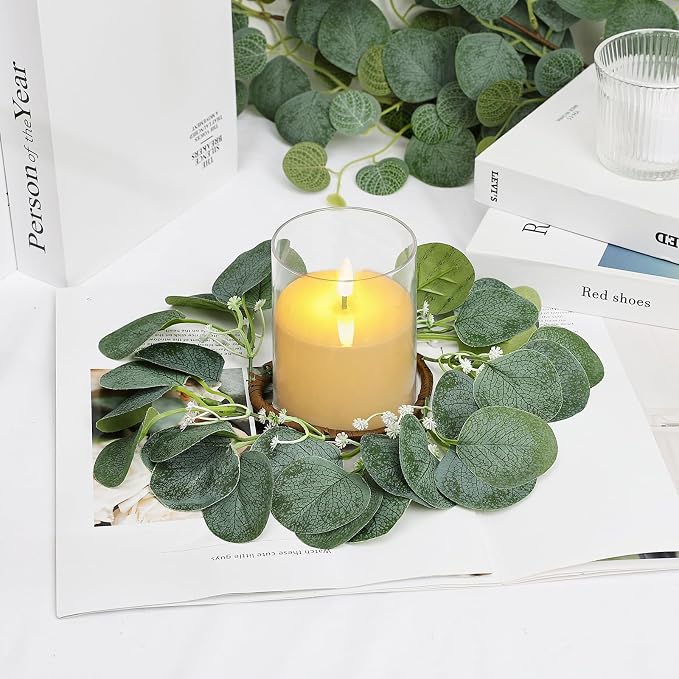 6 Sets Artificial Eucalyptus Candle Rings with LED Flameless Candles - 3 Inch Candle Rings Wreaths for Pillar Wedding Centerpieces Home Table Party Decor