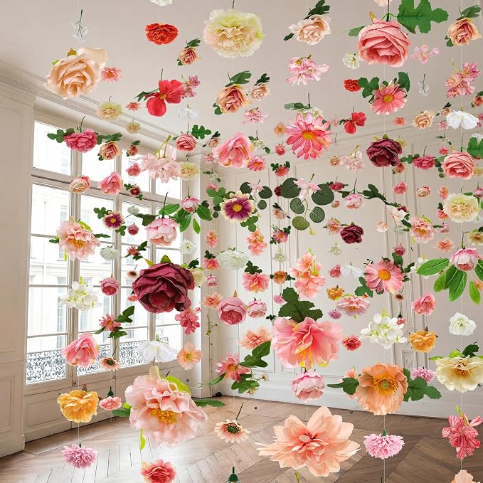 Suncalla 12 Pcs 70.8 ft Wildflower Garland Pre Strung Artificial Hanging Flower Vine Backdrop Decor from Ceiling Floating Silk Floral Garland for Garden Wedding Bridal Shower(Blossom,Multicolor)