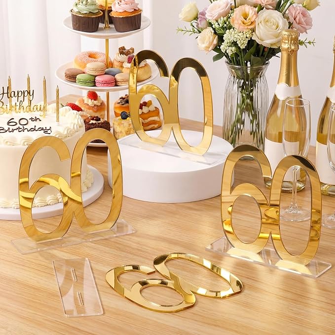 Threehoney 6 Pcs Mirror Gold 60th Birthday Decorations for Men and Women Acrylic Anniversary Decorations Table Numbers Centerpieces for Birthday Party