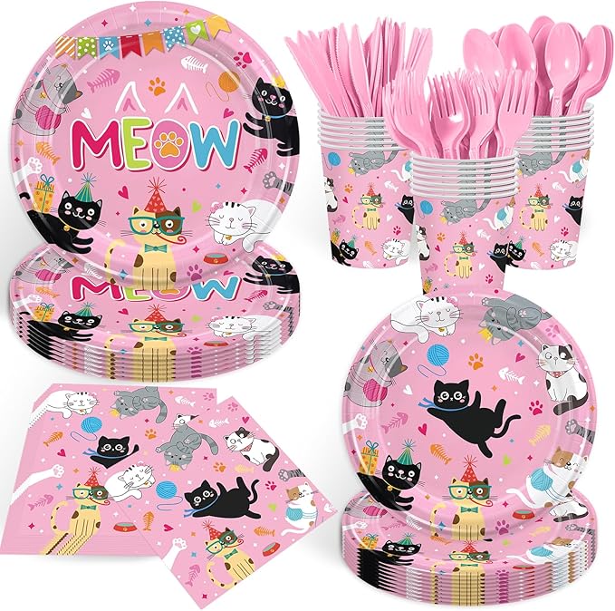 168PCS Cat Party Supplies Carts Themed Birthday Party Decorations Cute Meow Paper Plates Cups Napkins Forks Knives Spoons Tableware for BBQ Picnic Serves 24 Guests
