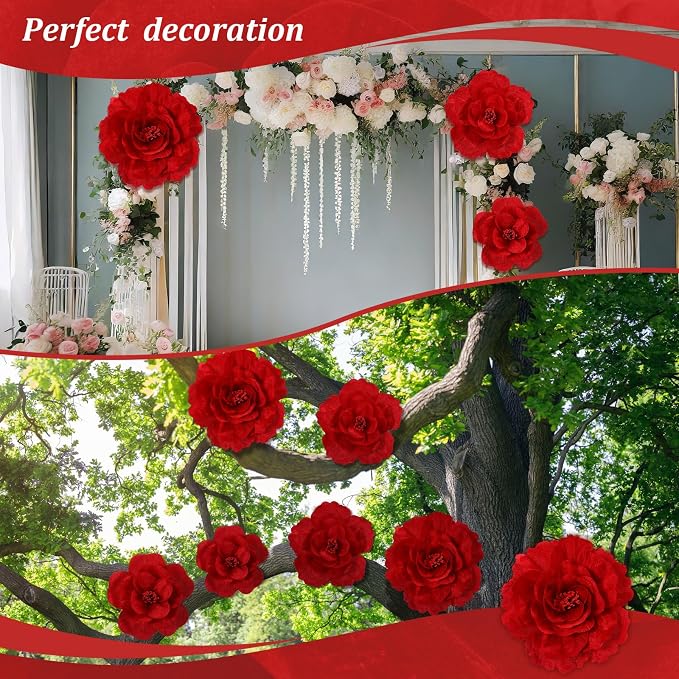 Norme 3 Pcs Giant Flowers for Decoration 12, 16, 20 Inch Large Artificial Red Velvet Rose Petals Giant Flowers Big Paper Red Peony for Wedding Arch Decoration Home Decor Anniversary Birthday