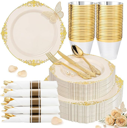 Nervure 175PCS Ivory Plastic Plates - Ivory Gold Plastic Dinnerware Sets for 25 Guests - 50 Gold Disposable Plates, 25 Pre Rolled Cutlery Set, 25 Cups Perfect for Wedding, Party & Mothers Day