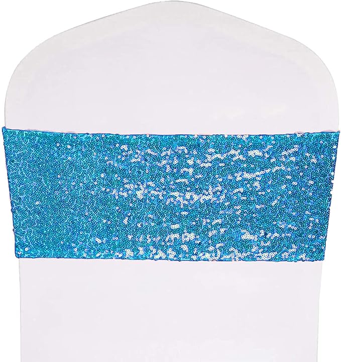 Pack of 50 Stretch Sequin Chair Sashes Chair Bands One-Sided Sequins Decor for Hotel Wedding Reception Events Party Chair Cover Decoration (Turquoise)