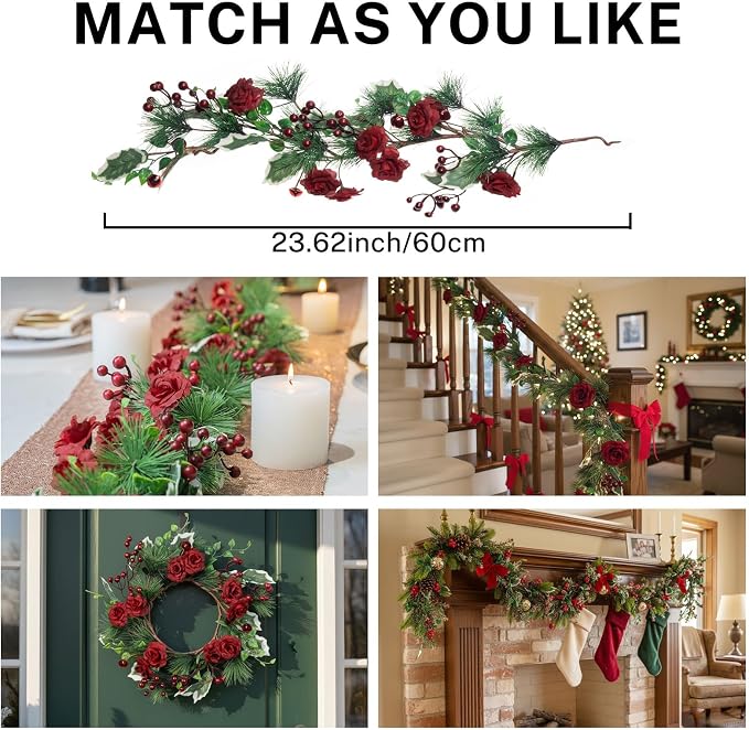 MOYEE Christmas Winter Centerpieces for Tables Candle Ring, Black Metal Candlestick with an Artificial Wreaths 14 in Versatile Dining Table Centerpiece Decor (Rose Wreath)