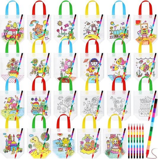 Chunful 48 Pieces Coloring Goodie Gift Bags for Kids Birthday Party Reusable Coloring Tote Bags Cute Cartoon Colorful Party Favor Non Woven with Colorful Pens DIY Crafts (Lovely with Crayon)