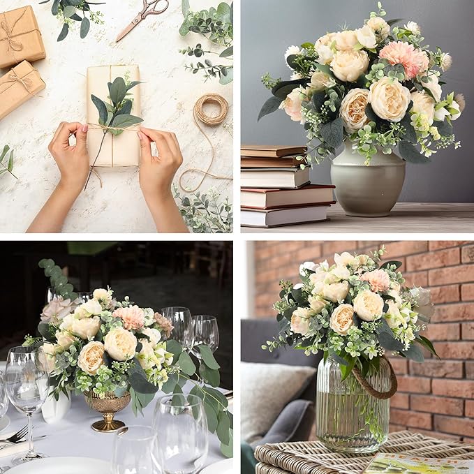Janinka Mixed Eucalyptus Leaves Stems Bulk with White Seeds Artificial Silver Dollar Leaves Sprays Faux Oval for Wreath Garland Floral Bouquets Arrangement Wedding Greenery Decoration (20 Pcs)