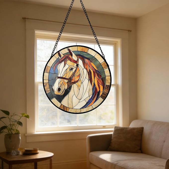 DASTOLL Stained Glass Window Hanging, Animal Horse Colored Mane Sun Catchers Glass Panel Cool Suncatcher Decor for Birthday for Women, Men, Wife, Aunt, and Mom 14.9x14.9 in