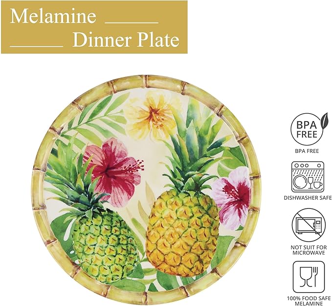 UP UPware Pineapple Melamine Dinner Plate Set, Round Plates with Bamboo Edge for Main course, Pasta, and Salad, BPA-Free, Dishwasher Safe, Multicolor, 11 Inch, Set of 6