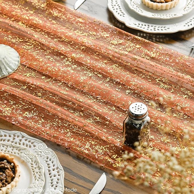 Artoid Mode Orange Gold Gauze Table Runner 59x120 Inch 10FT, Glitter Metallic Foil Sheer Dining Wedding Anniversary Holiday Table Decor for Home Party