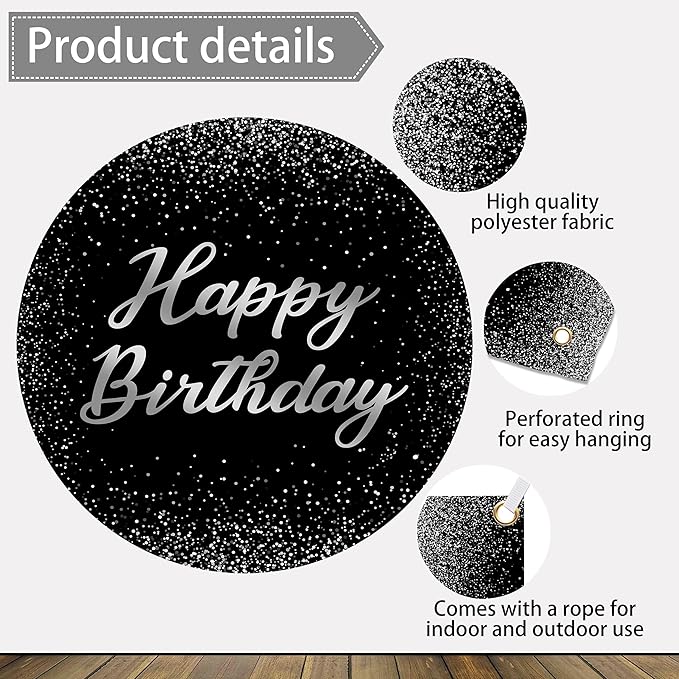 Birthday Photography Backdrop 10 x 8 ft Black and Silver Glitter Spots Happy Birthday Background Sign Cake Table Decorations Banner for Women Men Adults Kids Birthday Party Supplies
