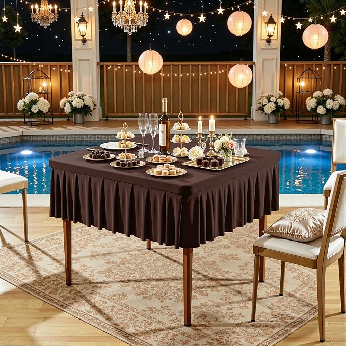 2 Pack Chocolate Spandex Tablecloths for 34x34 Inch Square Tables, Stretch Fitted Table Clothes with Pleated Ruffle Skirt for 34” Table, Wrinkle Free and Elastic, for Party Kitchen Home Dining