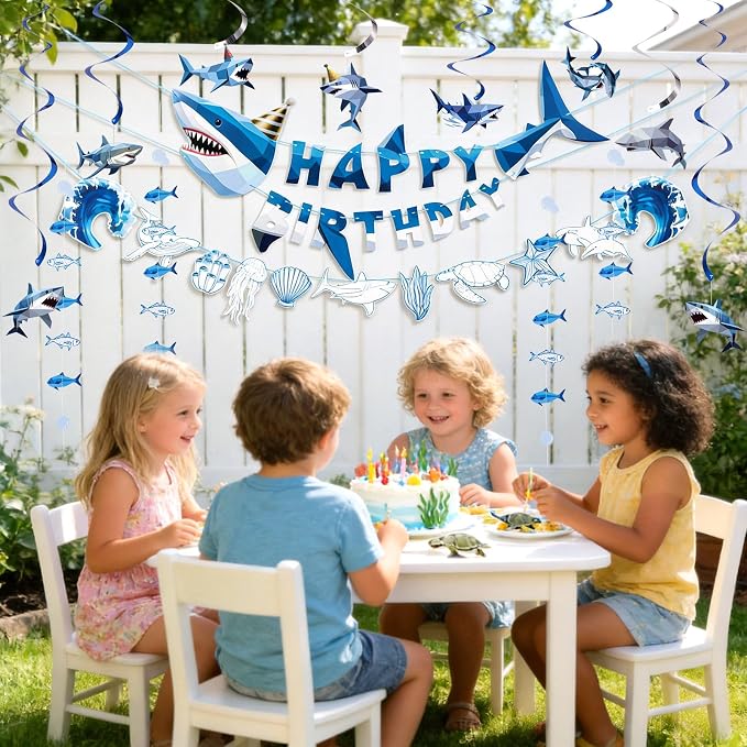 SUNBEAUTY Shark Birthday Party Decorations Shark Birthday Banner Ocean Theme Party Decoration Under The Sea Shark Garland Blue Ocean Swirls Hanging Wall Decor for Boys Baby Shower Beach Summer Party