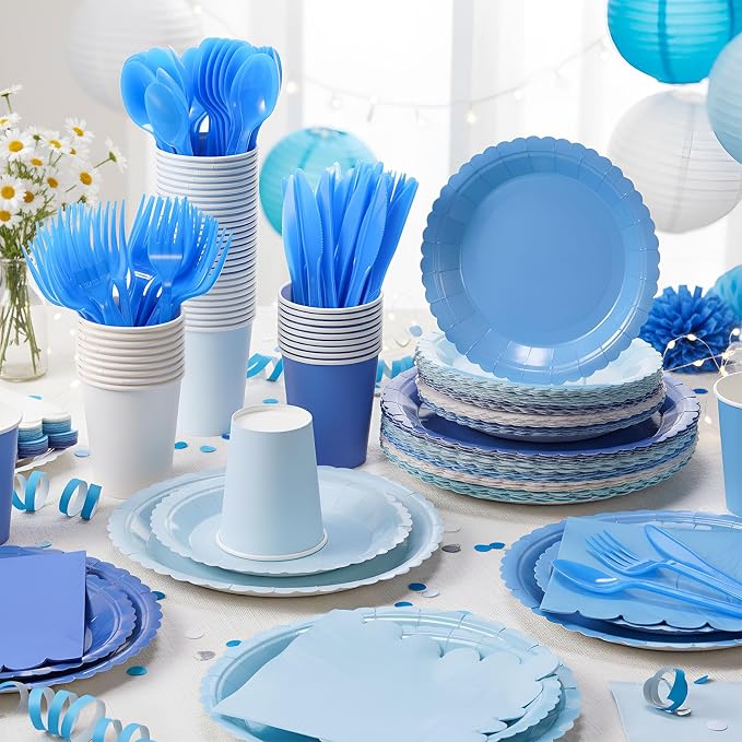 Zhehao 175 Pcs Blue Party Supplies Set Blue Disposable Tableware Kit with Plates, Cups, Napkins, Cutlery Ocean Sea for Shark Pool Baby Shower, Birthday, Wedding Forest Events