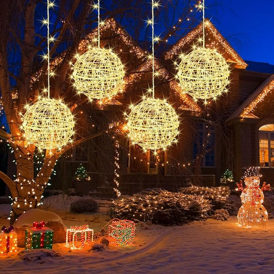 Outdoor Christmas Balls Lights 4 Pack Hanging 7.1" LED Garden Sphere Tree Lights 8 Modes Waterproof Glow Globe Lights with Memory Timer Plug for Party Yard Porch Eave Patio Xmas Decorations-Warm White