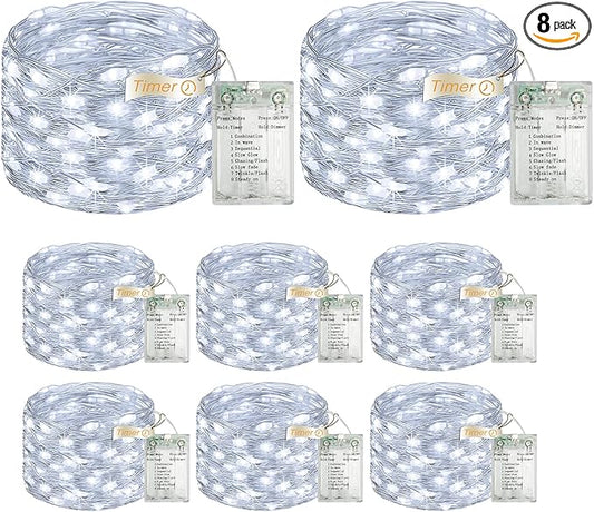8 Pack 16FT 50 LED Fairy Lights Battery Operated with Timer, 8 Modes USB Mini Twinkle Light, Small String Lights for Wreath Vase Bedroom DIY Wedding Party Decorations-Cold White