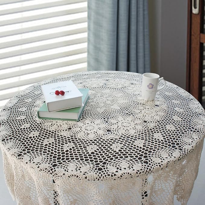 USTIDE Handmade Crochet Tablecloth Round Beige 48-inch Cotton Lace Table Overlay for Coffee, TV, Bedside, Sofa