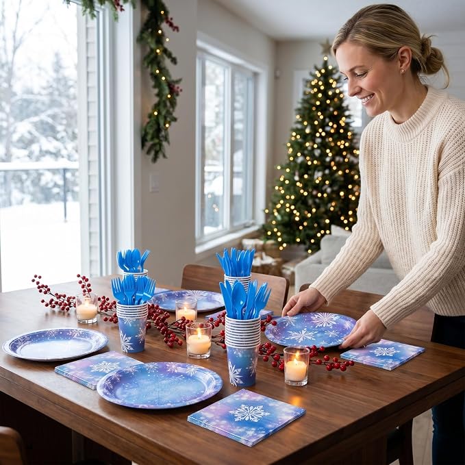 400 Pcs Disposable Winter Frozen Tableware Set for 50 Guests | Heavy-Duty 7" & 9" Paper Plates, Cups, 13" Napkins & Plastic Cutlery Snowflake Party Supplies for Large Winter Gatherings