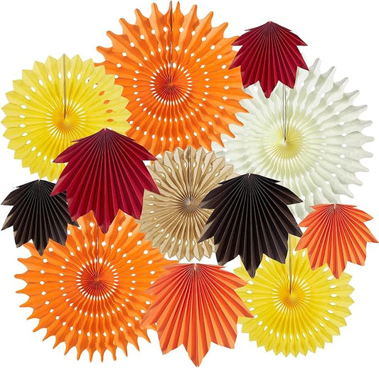 12 PCS Fall Party Decorations Maple Leaves Paper Fans Orange Hanging Paper Fans Paper Flowers Decorations for Wall for Autumn Thanksgiving Birthday Baby Shower Rustic Wedding Decorations, 14001-1215