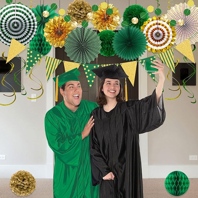 Green Gold Party Decorations, Graduation Season Hanging Glitter Triangle Flags Banner Paper Fan Tissue Pom Poms Garlands, St. Patrick's Day, Bridal Shower, Green Master Golf Themed Birthday