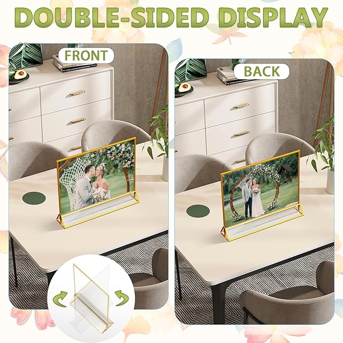 Acrylic Sign Holder 5X7 Horizontal Gold Frames Double-Sided Gold Picture Frames for Menu Holder Wedding Table Number Holder Christmas Photo Frame with Removable Sticky Dots -6 Pack