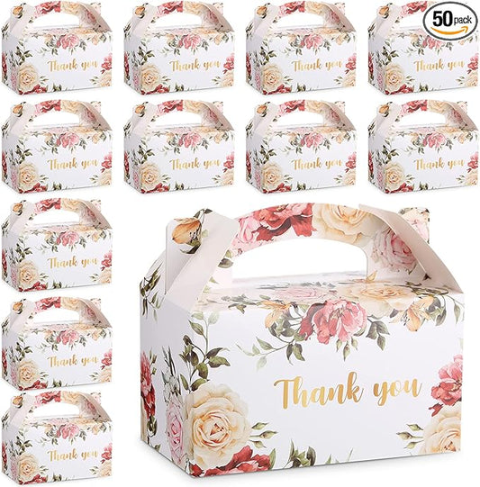 Xinnun 50 Pcs Thank You Treat Boxes Floral Design Gift Boxes Flower Gable Boxes Wedding Party Favor Boxes for Tea Party