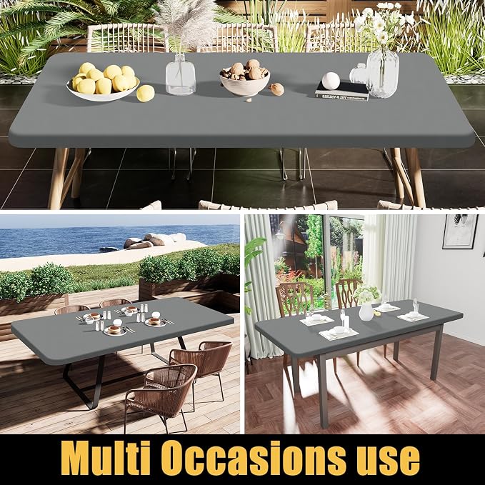 Smiry 3 Pack Rectangle Table Cloth, Elastic Fitted Flannel Backed Vinyl Tablecloths for 8ft Folding Tables, Waterproof Wipeable Table Covers for Indoor, Outdoor, Camping and Picnic (Grey, 30"x96")